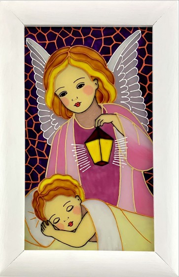 Anioł z latarenką - obraz na szkle różowy prostokąt