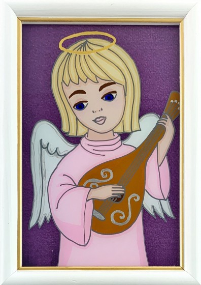 Aniołek z lutnią - obraz malowany na szkle różowy Aniołek z lutnią - obraz malowany na szkle różowy