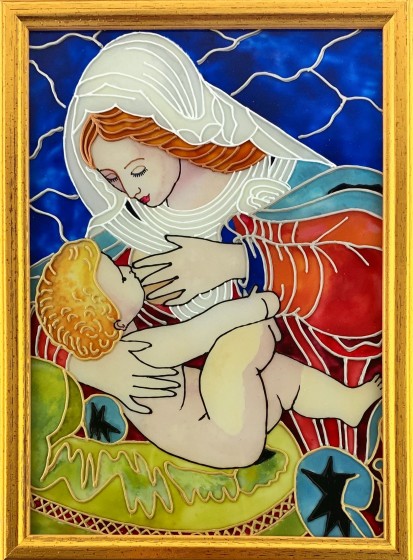 Matka Boża Karmiąca - obraz na szkle złota ramka Matka Boża Karmiąca - obraz na szkle złota ramka