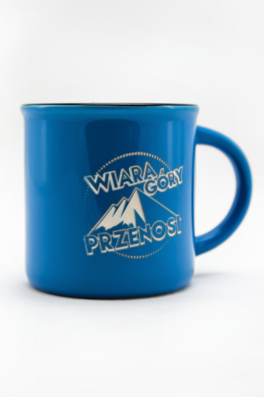 Kubek grawerowany - Wiara góry przenosi niebieski z obwódką