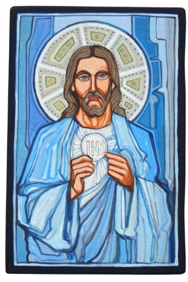 Jezus Eucharystyczny - ikona na desce niebieski