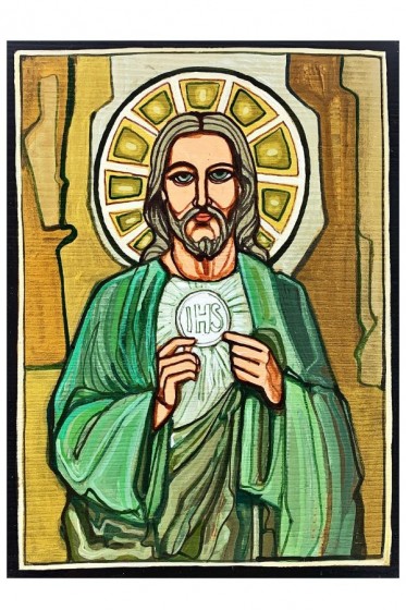 Jezus Eucharystyczny - ikona na desce zielony