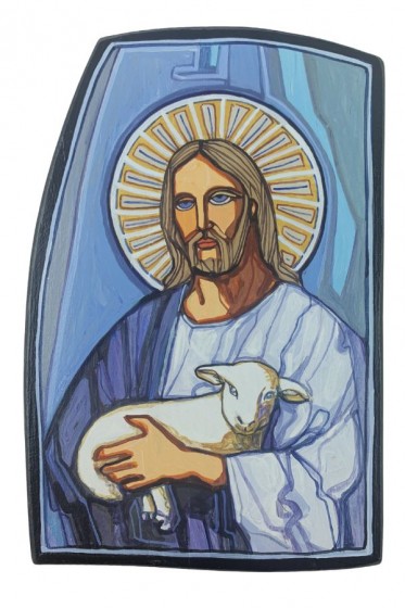 Dobry Pasterz - ikona na desce niebieska 2